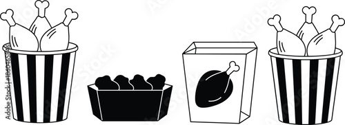 Vector Icon Set Featuring Fried Chicken Buckets Nuggets and Takeaway Boxes in Solid and Outline Styles for Dining