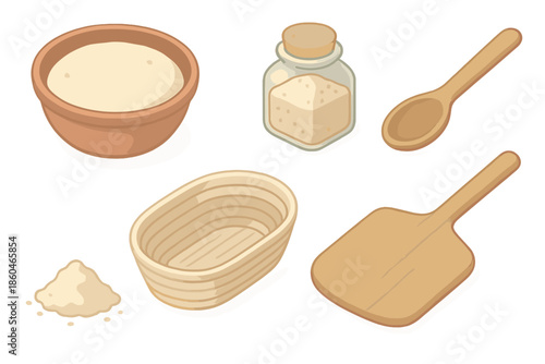 Rustic Baking Tools. Isometric vector illustration set Rustic Bread Making: clay bowl with dough, yeast jar, wooden spoon,