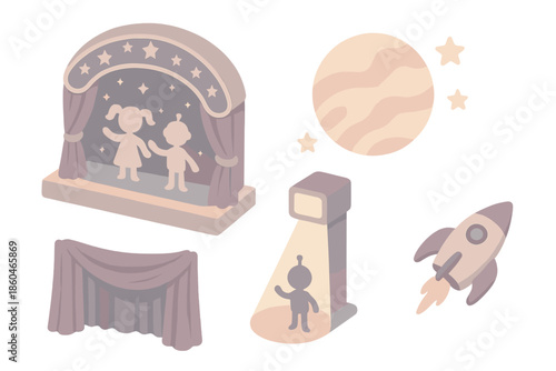 Galactic Puppet Theater. Isometric vector illustration set Galactic Puppet Theater: stage with stars, puppet silhouettes, planet