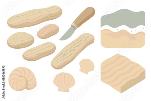 Driftwood Carving Icons. Isometric vector illustration set Driftwood Carving Tide: smooth driftwood pieces, carving knife,