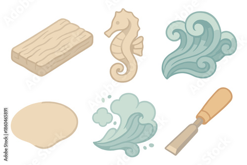Tidal Artisan Icons. Isometric vector illustration set Tidal Artisan Collection: driftwood plank, seahorse carving, wave curls,