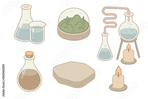 Petrichor Alchemy Lab. Isometric vector illustration set Petrichor Alchemy Lab: glass beakers with rainwater, moss terrarium,
