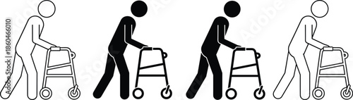 Vector Icon Set Featuring Elderly Human Figures Using Rolling Walkers in Solid and Outline Styles for Healthcare Accessibility