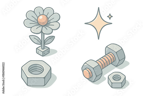 Mechanical Garden Bloom. Isometric vector illustration set Mechanical Garden Bloom: steel flower, copper pistil, nut and bolt