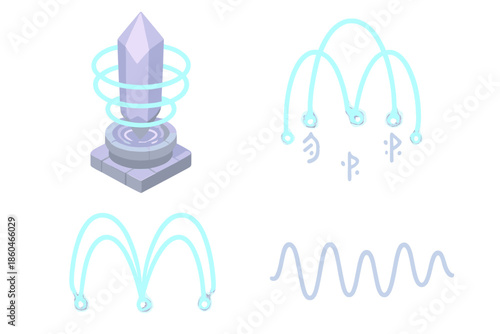 Ley Line Amplifier. Isometric vector illustration set Ley Line Amplifier: crystal tower, energy rings, glowing runes, stone base,