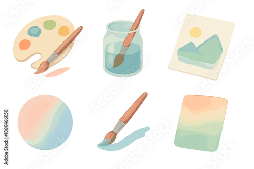 Pastel Isometric Icons. Isometric vector illustration set Artistic Bleed Control: color pool overlap, damp paper line, fading hue,