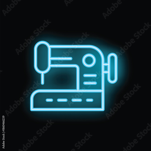 Blue neon icon of a sewing machine glowing on black background representing tailoring and dressmaking