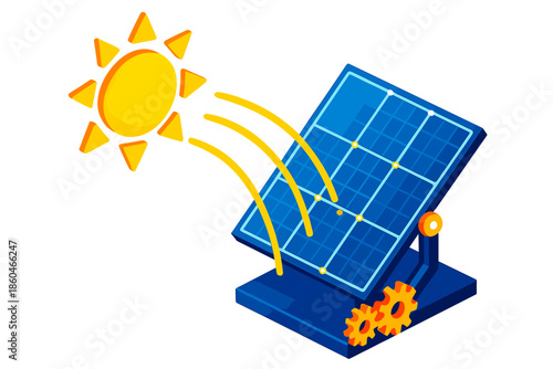 Solar Panel Innovations. Isometric vector illustration set Sunlight Angle Maximizer: tilting solar panel array, radiant sun, light
