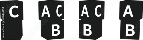Solid Black Vector Icon Set Featuring Stacked Alphabet Toy Blocks with Letters A B and C for Education
