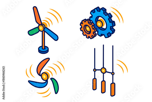 Kinetic Wind Sculpture. Isometric vector illustration set Kinetic Sculpture Wind: spinning windmill sculpture, rotating gears,