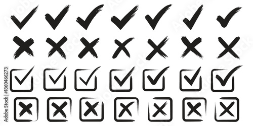 Check tick mark icon set. Cross box x check mark checkbox list vector draw hand drawn sketch doodle brush marker checklist symbol wrong right circle. hand drawn, grunge X sign. hand drawn tick mark