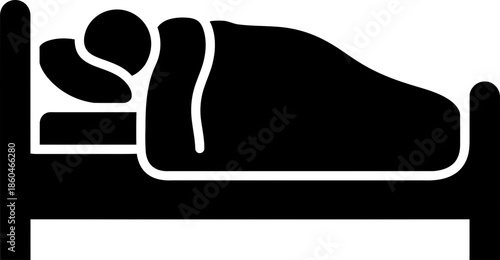 Man sleeping on bed icon. Sleep, relaxation, dream concept. User interface element. Black and white graphic symbol vector illustration