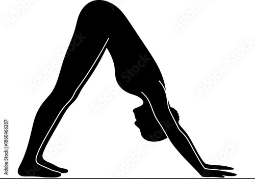 Woman silhouette in downward-facing dog yoga pose. Wellness, fitness and healthy lifestyle concept. Vector illustration for gym banner, poster design