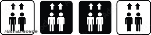 Square Vector Icon Set Featuring Elevator Silhouettes with Upward Arrows and Dual Person Symbols for Building Navigation