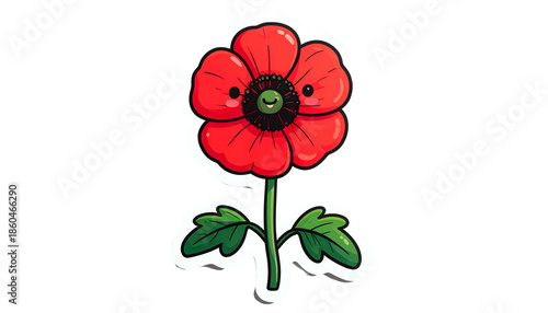 A cute, cartoon-like red poppy with a smiling face on a dark background