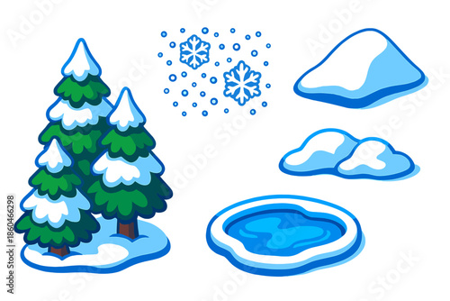 Winter Wonderland Icons. Isometric vector illustration set Snowfall Quiet: frosted pine cluster, falling snow particles,