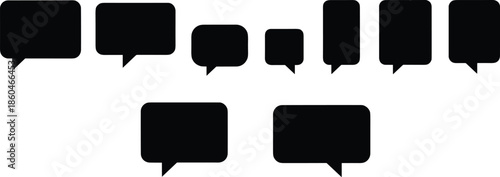 Solid Black Vector Icon Set Featuring Diverse Rectangular and Square Speech Bubbles for Digital Chat and Messaging Interfaces