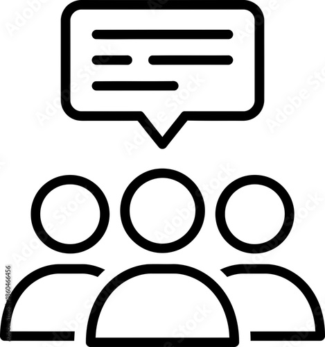 Three people with a speech bubble symbol above them, representing teamwork, communication, and social interaction. Vector icon for website or app design