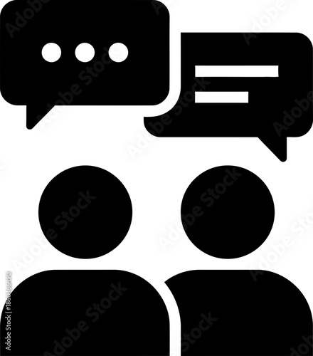 Two people icon with speech bubbles showing conversation or communication concept. Minimalist glyph symbol for app, website, infographic. Vector illustration for design