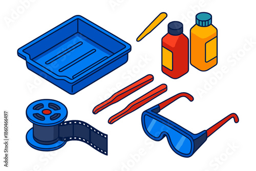 Developer Tray Essentials. Isometric vector illustration set Developer Tray Narrative: darkroom tray setup, chemical bottles,