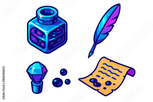 Iridescent Ink Set. Isometric vector illustration set Iridescent Gall Ink: glass inkwell with shimmering ink, quill pen,