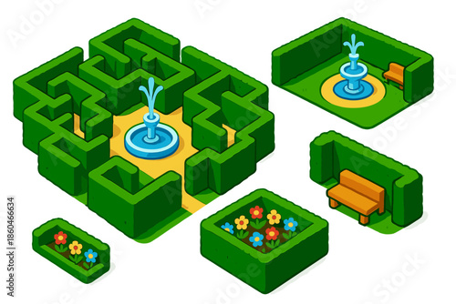 Urban Hedge Maze. Isometric vector illustration set Urban Hedge Maze: urban garden maze, clipped hedges, narrow paths, decorative