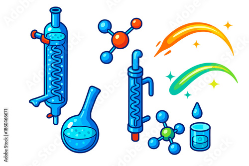 Molecular Distillation Icons. Isometric vector illustration set Molecular Distillation Art: glass distillation column, boiling