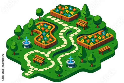 Vibrant Garden Map. Isometric vector illustration set Topological Garden Map: elevated garden layout, winding stone paths,