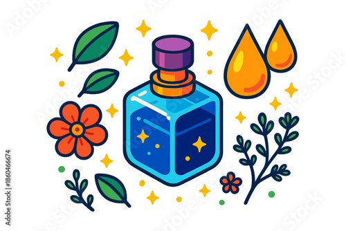 Botanical Essence Illustration. Isometric vector illustration set Botanical Essence Story: glass perfume bottle, tiny flowers,