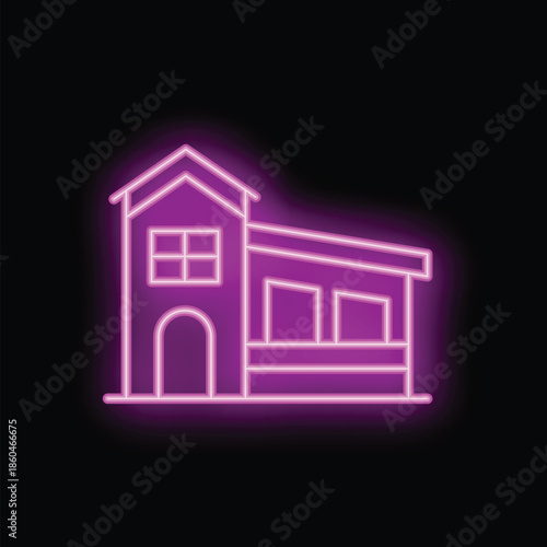 Vibrant illustration featuring a neon sign of a house with an attached garage, glowing in the darkness