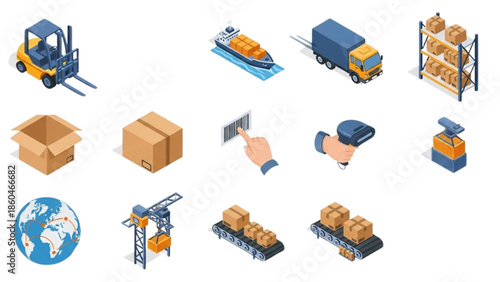Modern Isometric Icon Set for Global Logistics, Shipping, and Supply Chain Management