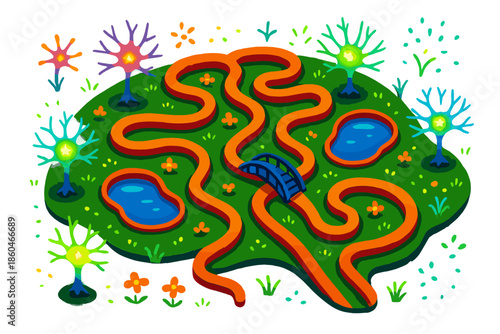 Neurological Garden Pathway. Isometric vector illustration set Neurological Garden Pathway: winding brain-shaped pathway, glowing