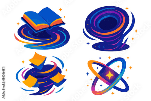 Cosmic Book Vortex. Isometric vector illustration set Ex Libris Wormhole: open book hovering, swirling cosmic vortex, floating
