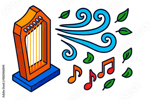 Aeolian Wind Harp. Isometric vector illustration set Aeolian Wind Harp: wooden harp frame, gusts of wind, vibrating strings, tiny