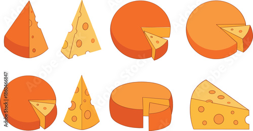 Cheese wheel and slice variations collection with round and triangular dairy shapes for food and menu designs isolated