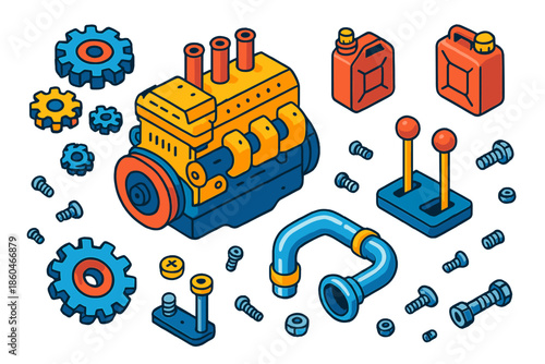Industrial Engine Elements. Isometric vector illustration set Resource Engine Builder: industrial engine components, rotating