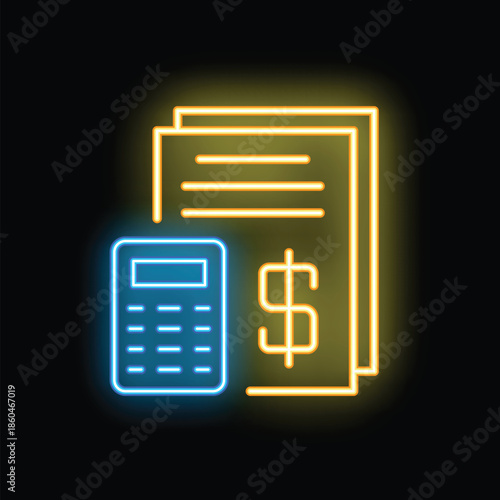 Neon sign representing calculating money with dollar sign and calculator on black background