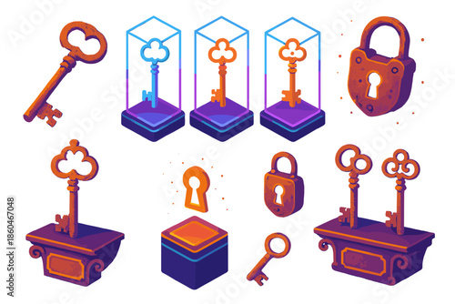 Rusted Key Exhibit. Isometric vector illustration set Rusted Key Museum: antique keys, glowing display cases, neon pedestals,