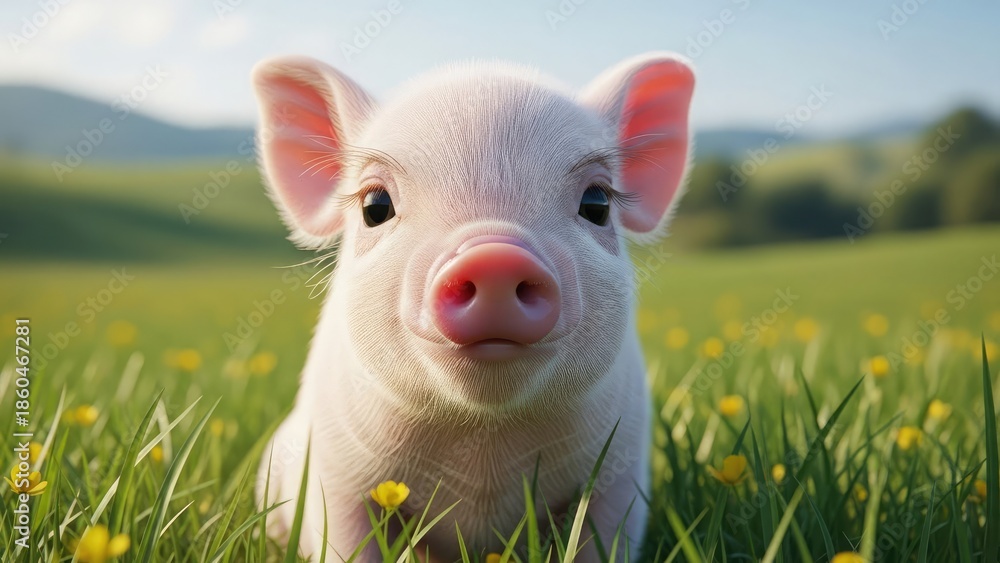 Fototapeta premium A small piglet standing in a lush green field with yellow flowers