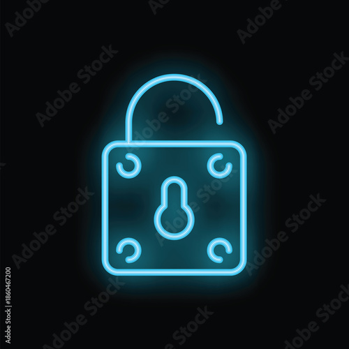 Glowing neon blue padlock is isolated on a black background, representing the concept of security