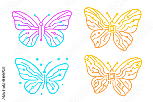 Neon Moth Wing Circuitry. Isometric vector illustration set Moth Wing Circuit: neon moth wings, glowing PCB traces, floating