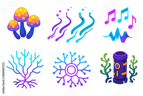 Spore Drive Cantata. Isometric vector illustration set Spore Drive Cantata: glowing fungal pods, neon spore trails, floating