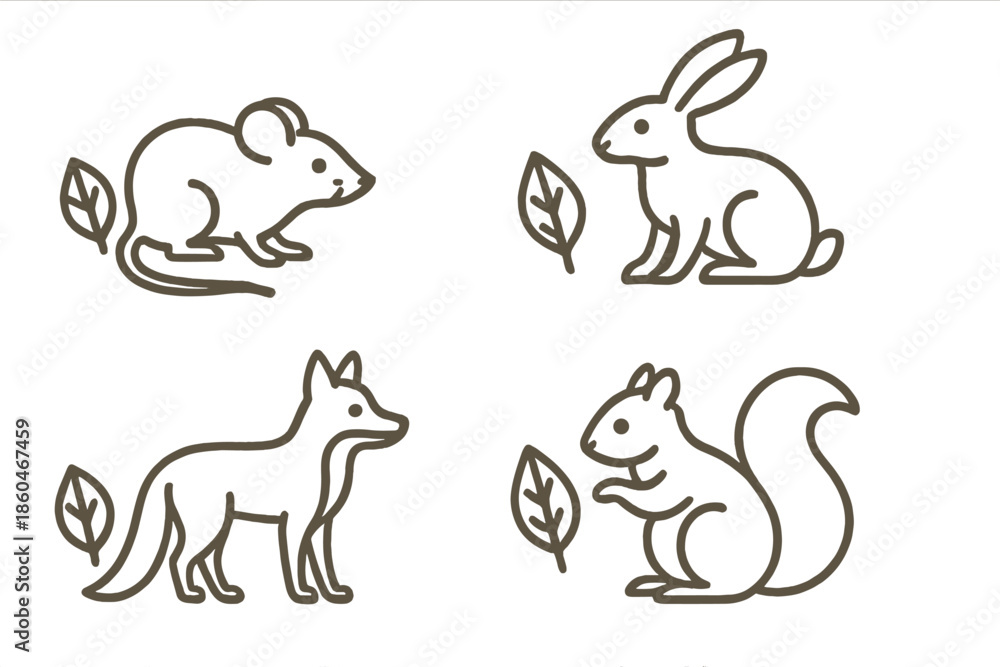Fototapeta premium Woodland Animal Icons. Line style icons of Forest Animals: small woodland creature, soft outline, gentle stance, leaf-side