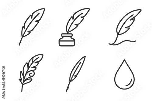 Quill Icons Collection. Line style icons of Quill: feather quill, ink dip quill, curved writing feather, ornate plume, slim quill