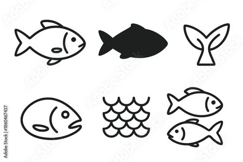 Line Style Fish Icons. Line style icons of Fish: swimming fish, fish silhouette, fish tail fin, fish head, fish scale pattern,