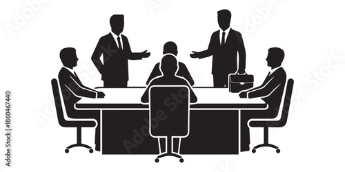 Business meeting with team members discussing strategy and planning in a professional office setting, isolated on white background, Diverse group of business people silhouettes standing ,pro