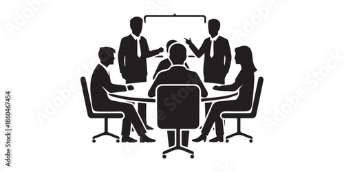 Business meeting with team members discussing strategy and planning in a professional office setting, isolated on white background, Diverse group of business people silhouettes standing ,pro
