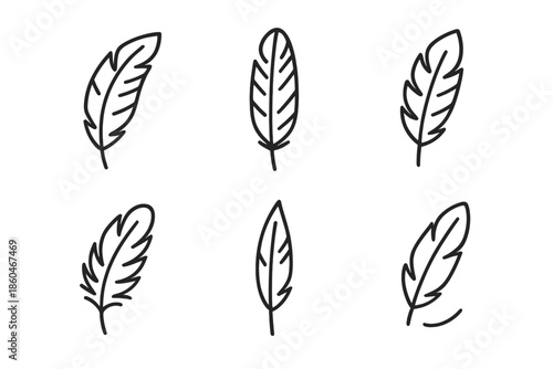 Feather Line Art Icons. Line style icons of Feather: curved feather, long plume, short quill, soft vane lines, pointed tip,