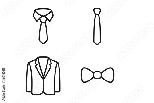 Formal Wear Icons. Line style icons of Formal Wear: tied knot form, narrow tie curve, gentle fold, fabric strip, soft contour,