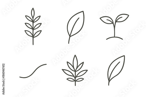Forest Plant Icons. Line style icons of Forest Plants: tall stem, leaf pair, soft arc sprout, natural line, simple foliage, gentle